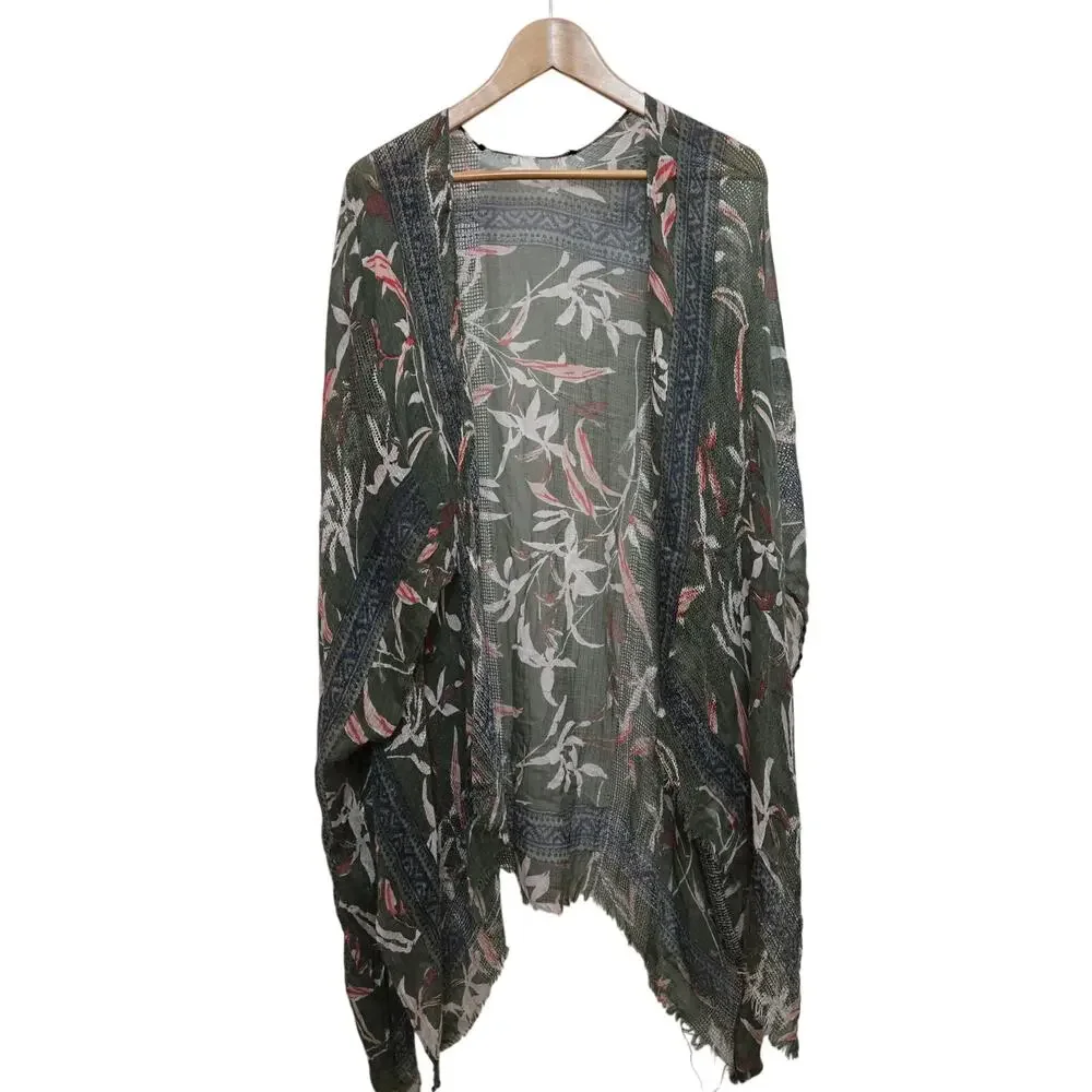 American Eagle Floral Burnout Mesh Kimono Cardigan in Olive Green